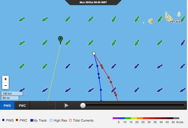The lateral separtion between Team Brunel (green tag) Dongfeng - 0640hrs UTC 20 October 2014 © PredictWind http://www.predictwind.com